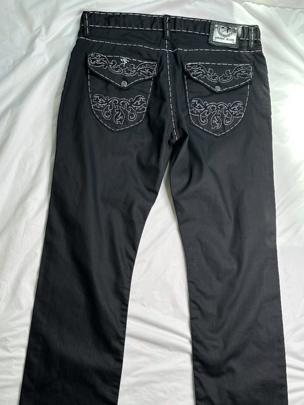 Mondo Jeans Mens Black 36x34 (36x33) Gothic Rock Punk White Stitching Embroider